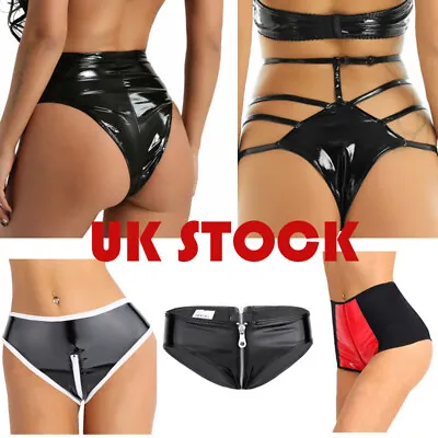 UK Sexy Women's PVC Leather Panties Lingerie Thongs Briefs Zip Shorts Underwear • £9.47