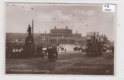 MANCHESTER Lancashire  Exchange Railway  Station With  TRAMS / Carts  RP • £8
