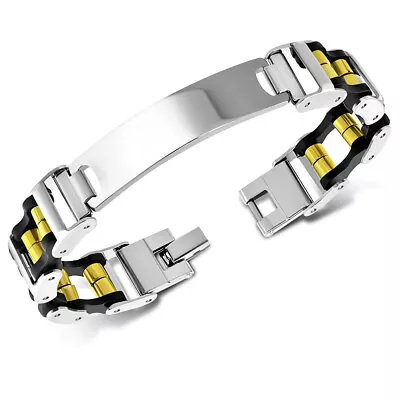 Stainless Steel Silver-Tone Black Yellow Gold-Tone ID Men's Link Bracelet 8  • $19.99