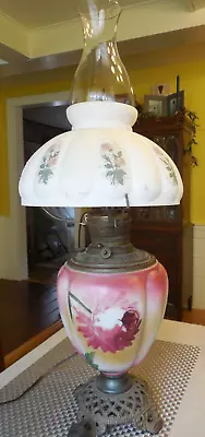 Antique Hand Painted Glass Oil Lamp Convert Electric 26 1/2  Tall • $32