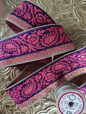 £2 • Buy Gold Multicoloured Indian Embroidered Paisley Jacquard Ribbon 32mm Wide Trim