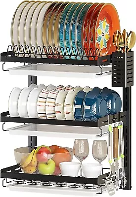 Wall Mounted Dish Drying Rack 3 Tier Stainless Steel With Cutlery Holder Durable • $98.55