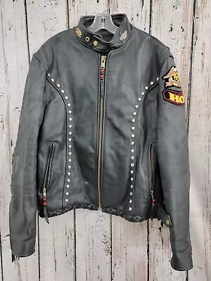 LSG Men's Sz 42 Branded Garments Black Leather Biker Jacket Coat W Harley Patch • $85.66