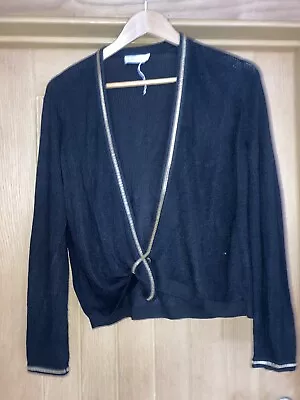 M&s Per Una Black With Gold Metal Trim Loop Fastening Cardigan Size 12 Unusual • £14.99