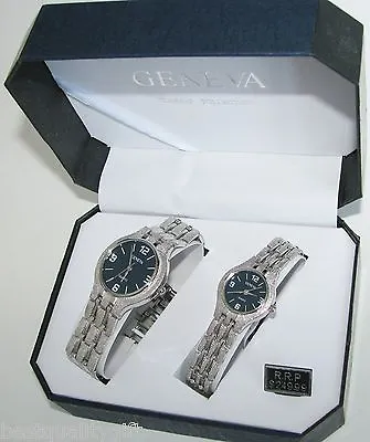 Geneva Silver Tone Textured Band+navy Blue Dial 2two Piece His+her Watch Set • $63.09