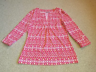 Womens Top-ELLIE KAI-coral/purple/white Patterned Stretch Knit Tunic 3/4 Slv-10 • $13.99