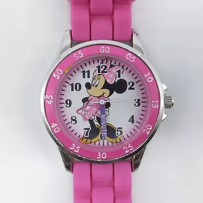 Disney Minnie Mouse Watch Round Dial 33mm Pink Silicone Band Silver Tone • $34.99