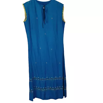 Megan Park England Silk Dress Blue Multi Womens Medium Intricate Beading Detail • $74.99