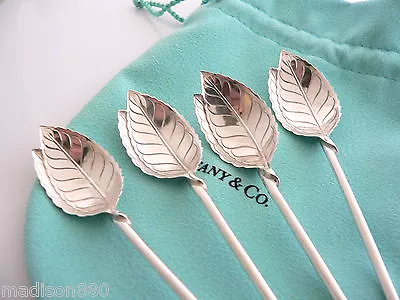 Tiffany & Co Leaf Mint Julep Iced Tea Spoons Straw Rare Set Of 4 Silver Gift Art • $698