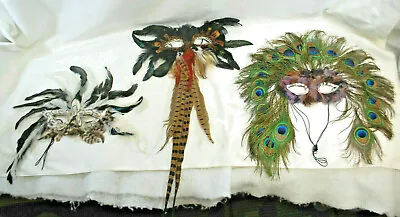 Mardi Gras Masquerade Party Feathered Eye Masks Hand-Crafted   Lot Of 3  S9932 • $59.99