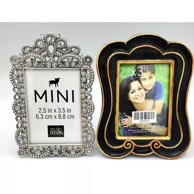 Lot 2 Mini Picture Frames 2.5 X 3.5 Inches Small Pictures Gems Black Gold Wood • $19.19