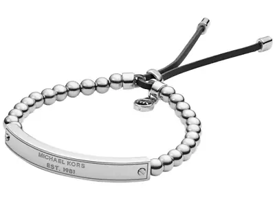 Michael Kors Silver MK Plaque Beaded Adjustable Bracelet Slider MKJ3344040 + BOX • $59.99