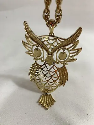 Vintage 70's Gold Tone Large Articulated Hinged Owl Pendant Necklace • $15