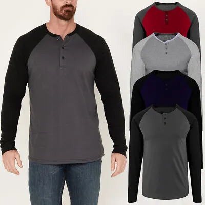 Mens Long Sleeve Henley Raglan T Shirt Grandad Neck Contrast T-Shirt New Top • £6.96