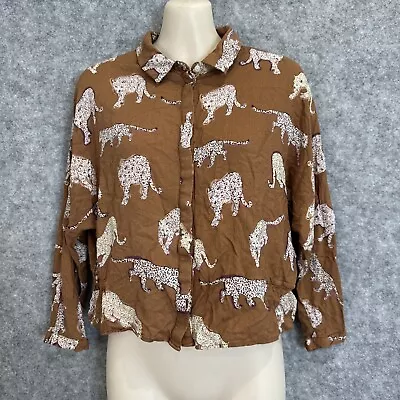 Zara Women's Boho Animal Design Button Up Ruffle Crop Hi-low Shirt M/8-10 (1584) • $15