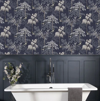 £10.89 • Buy Oriental Swallow Birds Trees Navy Blue Japanese Garden Arthouse Wallpaper