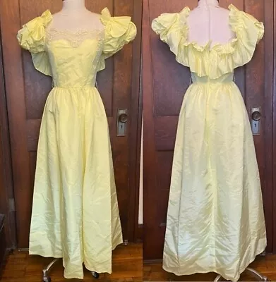 Vintage 1970s/80s Yellow Ruffle Puff Bow Lace Sleeve Full Skirt Dress Gown XS/S • $65