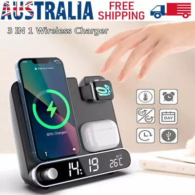 $45.12 • Buy 3in1 Wireless Charger Dock Fast Charging W/ Clock For AirPods IPhone Apple Watch
