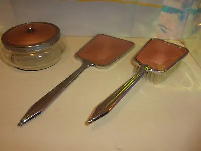 Vintage English Vanity SetArt Deco Style Mirror Brush And Powder Bowl With Lid • $25