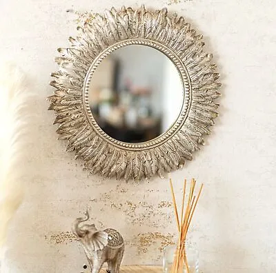 Large Wall Mountable Round Feather Mirror Antique Gold Living Room Bedroom Decor • £22.99