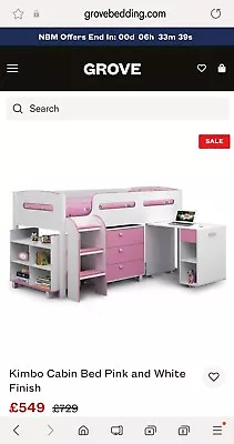 Cabin Bed 3ft Single Bed Frame Desk Shelf Drawer Storage Kimbo Pink Bedroom • £30