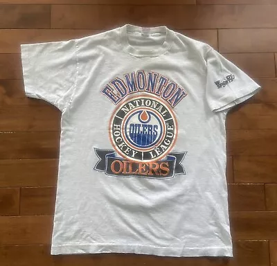 Vintage Edmonton Oilers T-Shirt Single Stitch 1991 Fruit Of The Loom Grey XL USA • $20.24