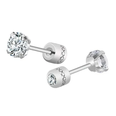 2PCS Silver Stainless Steel Round CZ Earrings Screw Back Ear Stud For Men Women • $6.99