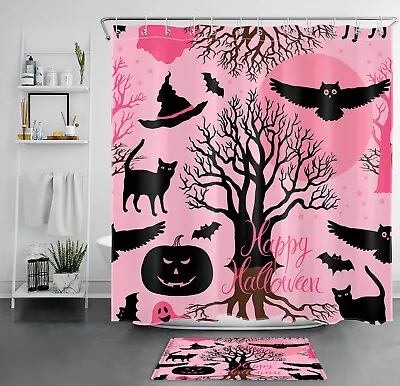 Pink Ghost Dead Tree Black Cat Halloween Shower Curtain Set For Bathroom Decor • $37.40