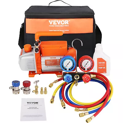 VEVOR 4CFM 1/4 HP HVAC Vacuum Pump + Manifold Gauge Set With Hose R32 R1234yf • $106.99