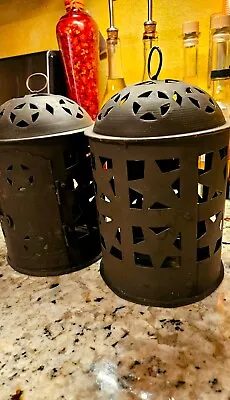 Lanterns Candle Holders Set Of 2  W/ Star Cutouts Rustic Classic Metal Hanging • $17.78