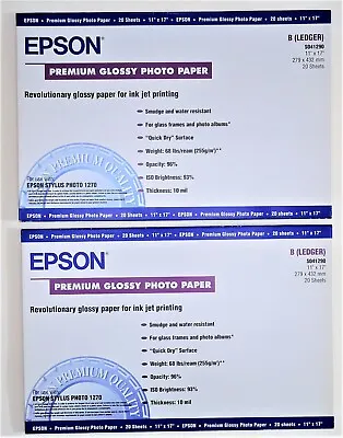 (2) 20 Sheet Epson Premium Glossy Photo 255 Gsm 11  X 17  Inkjet Paper - New • $29.95