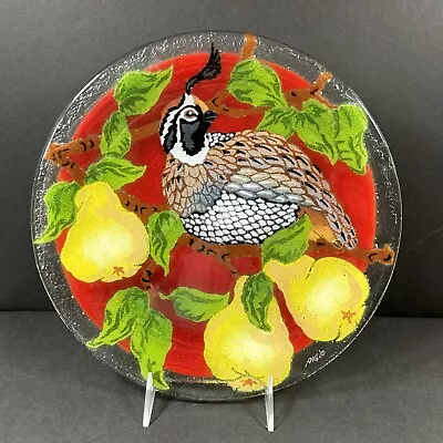 Peggy Karr Fused Art Glass 11  Round Plate Quail And Pears  Signed -2000 • $39.95