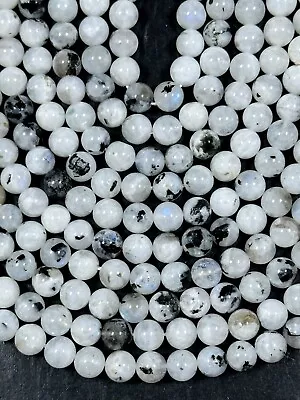 NATURAL White Moonstone Gemstone Bead 6mm 8mm 10mm Round Bead Black Specks 15.5  • $8.80