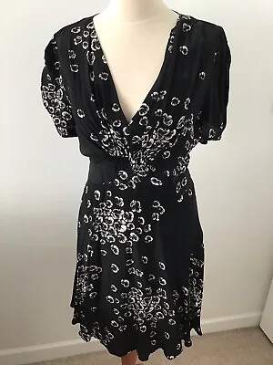 Warehouse Black Silk Tea Dress Pansy Floral Print Shirred 14 Fit Flare • £15