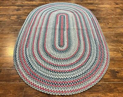 American Oval Braided Rug 5x8 Vintage Multicolor Handmade Wool 5 X 8 Carpet • $599.40