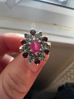 9ct Gold Hallmarked Ruby And Diamond Cluster Ring Size J 1/2 • £115