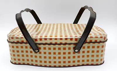 Vintage Brown Checkered Tin Picnic Lunchbox With Dual Handles ~ Made In Italy • $34.95