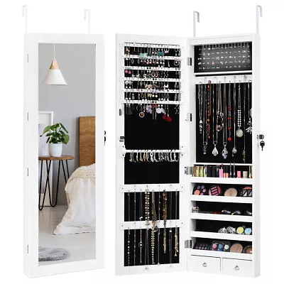 Wall Door Mounted Mirror Jewelry Cabinet Lockable Armoire Organizer W/ LED Light • $113.95