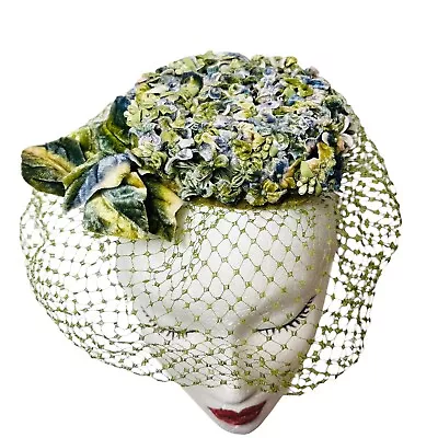 Vintage Blue Green Velvet Millinery Flowers Floral Hat Miss Sally Victor NY • $34.73