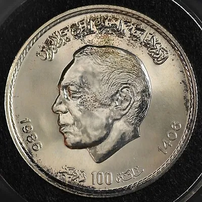 1986 Morocco 100 Dirhams Silver Uncirculated Coin 25th Year - King Hassan AH1406 • $129.95