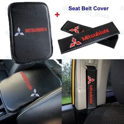 Carbon Fiber Car Center Armrest Cushion Mat Pad + Seat Belt Cover For MITSUBISHI • $18.99