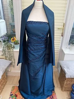 Dynasty London Long Blue Sateen & Tulle Diamanté Beaded Party Prom Dress Uk 12 • £7