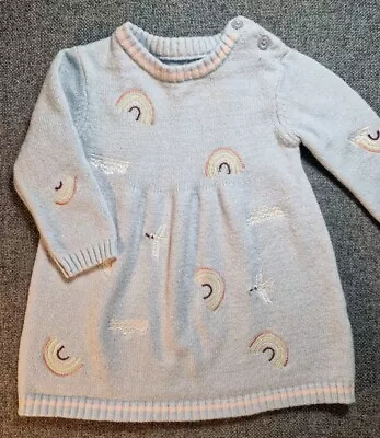 Baby Blue Knitted Jumper Dress 0-3 Months Bird Rainbow Long Sleeved Outfit (369) • £3