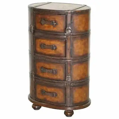 Fully Restored Hand Dyed Brown Leather Oval Luggage Tall Boy Chest Of Drawers • £1350