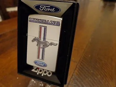 Ford Mustang Logo Satin Chrome Zippo Lighter Mint In Box • $28.95