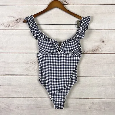 J. Crew Ruffle Plunging V-neck One Piece Swimsuit In Classic Navy Gingham Sz 4 • $25.49