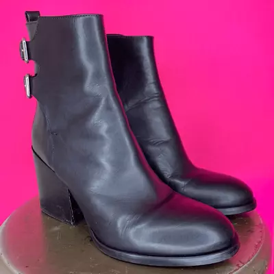 Zara Black Leather Double Buckle Block Heel Biker Ankle Boot Size 39 8 • $35.97