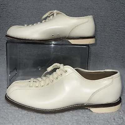 Vintage Striker 70's Bowling Men’s Size 9.5 Cream Laced Shoes Leather Split Toe • $44.87