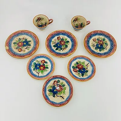Antique Japanese Majolica Plates & Tea Cups Hand Painted Floral Blue & Burgundy • $64.99