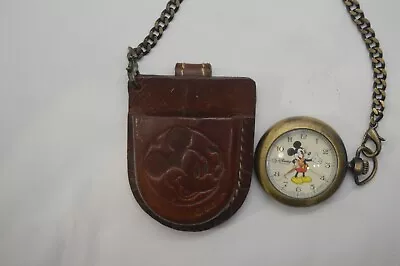 Genuine Disney Quartz Mickey Mouse Pocket Watch Japan Movement With Leather Case • $39.95
